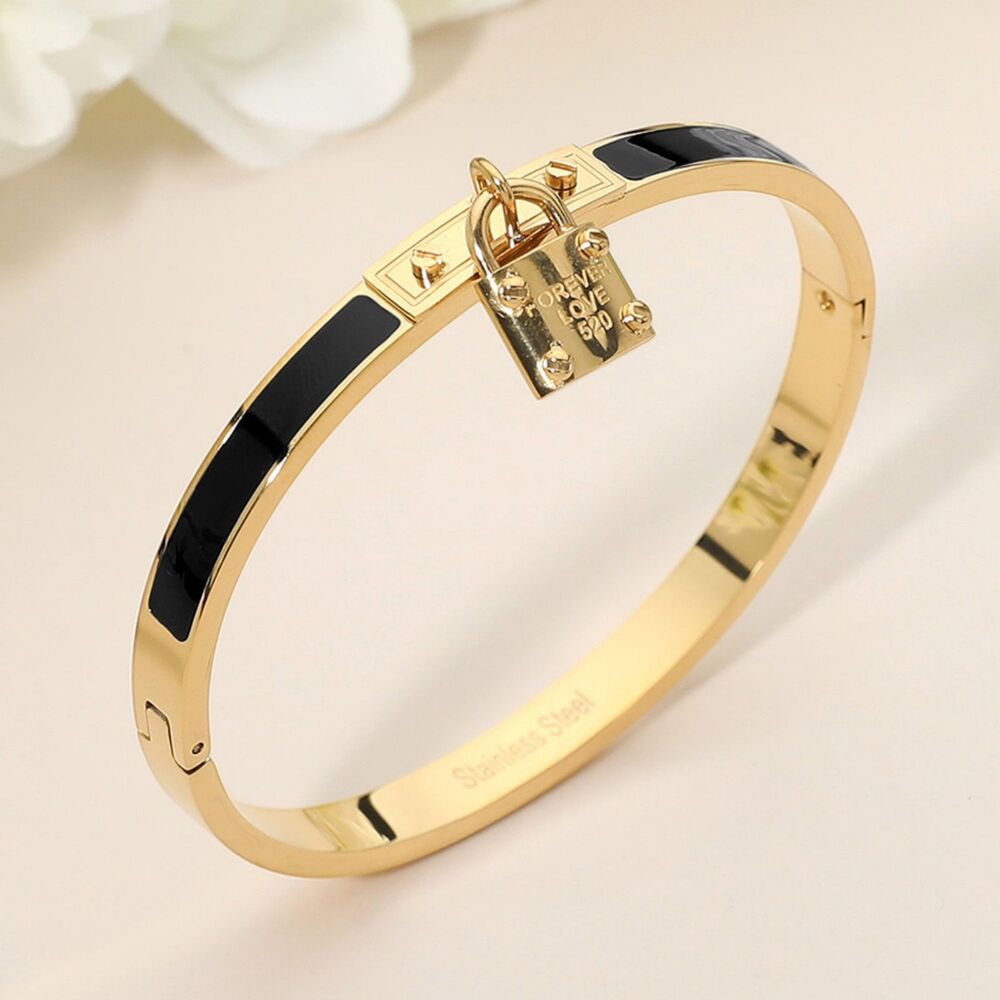 Black Gold Stainless Steel Metal FOREVER LOVE Lock Charm Bangle Bracelet
